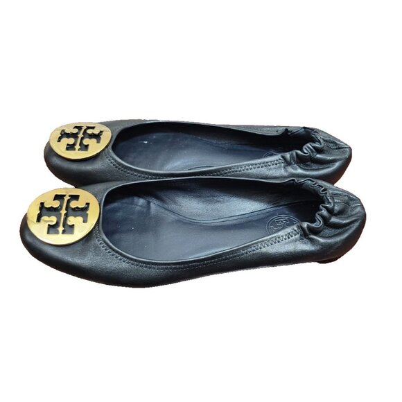 Tory Burch Minnie Travel Ballet Flats Black Leather Gold Logo Women’s Size 8 - Picture 7 of 12